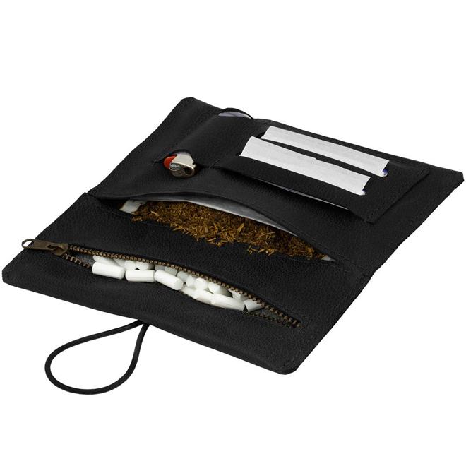 Open tobacco pouch with rolling papers and filters for storage reference