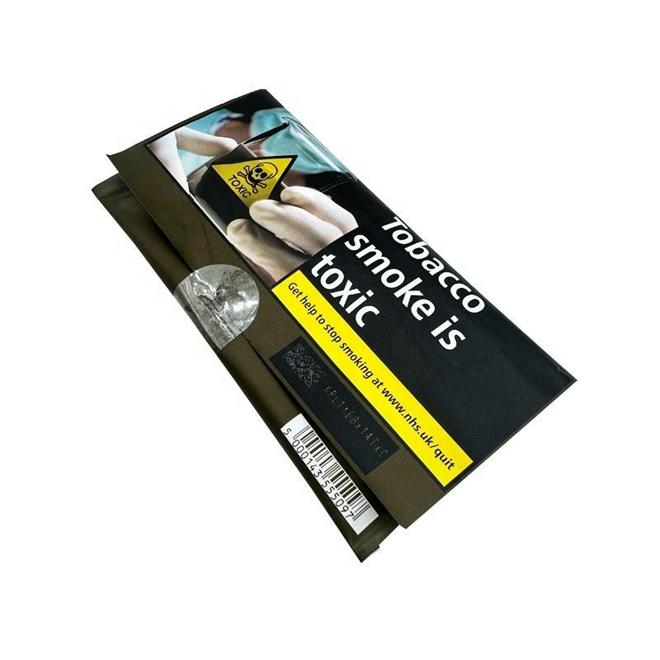 Resealable hand rolling tobacco pouch showing closure and freshness seal